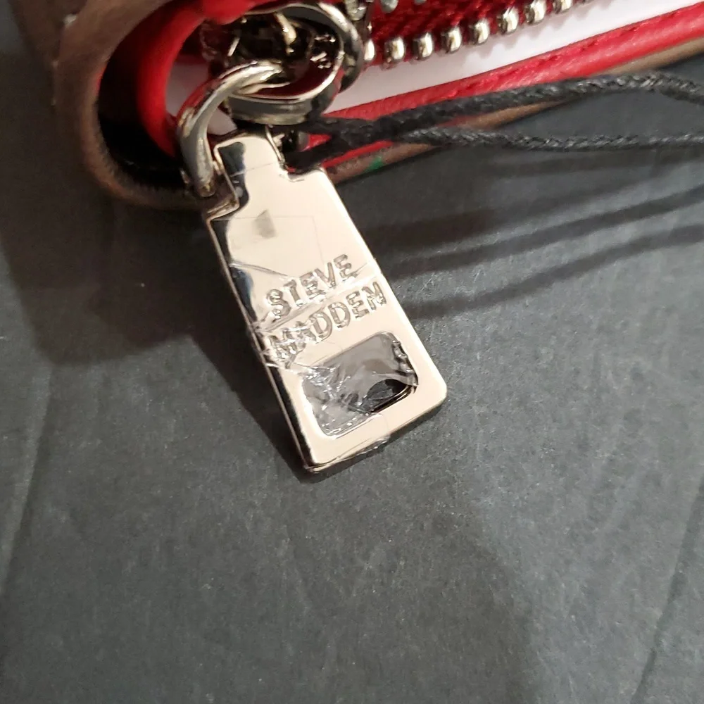 Steve Madden brown plaid checkered look and cherry print bglory red snap wallet - Picture 7 of 12